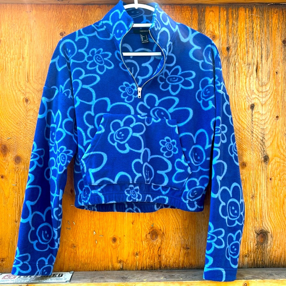 Forever 21 Cropped Half-Zip Floral š Smiley Face Pullover, Size Small - Picture 1 of 15